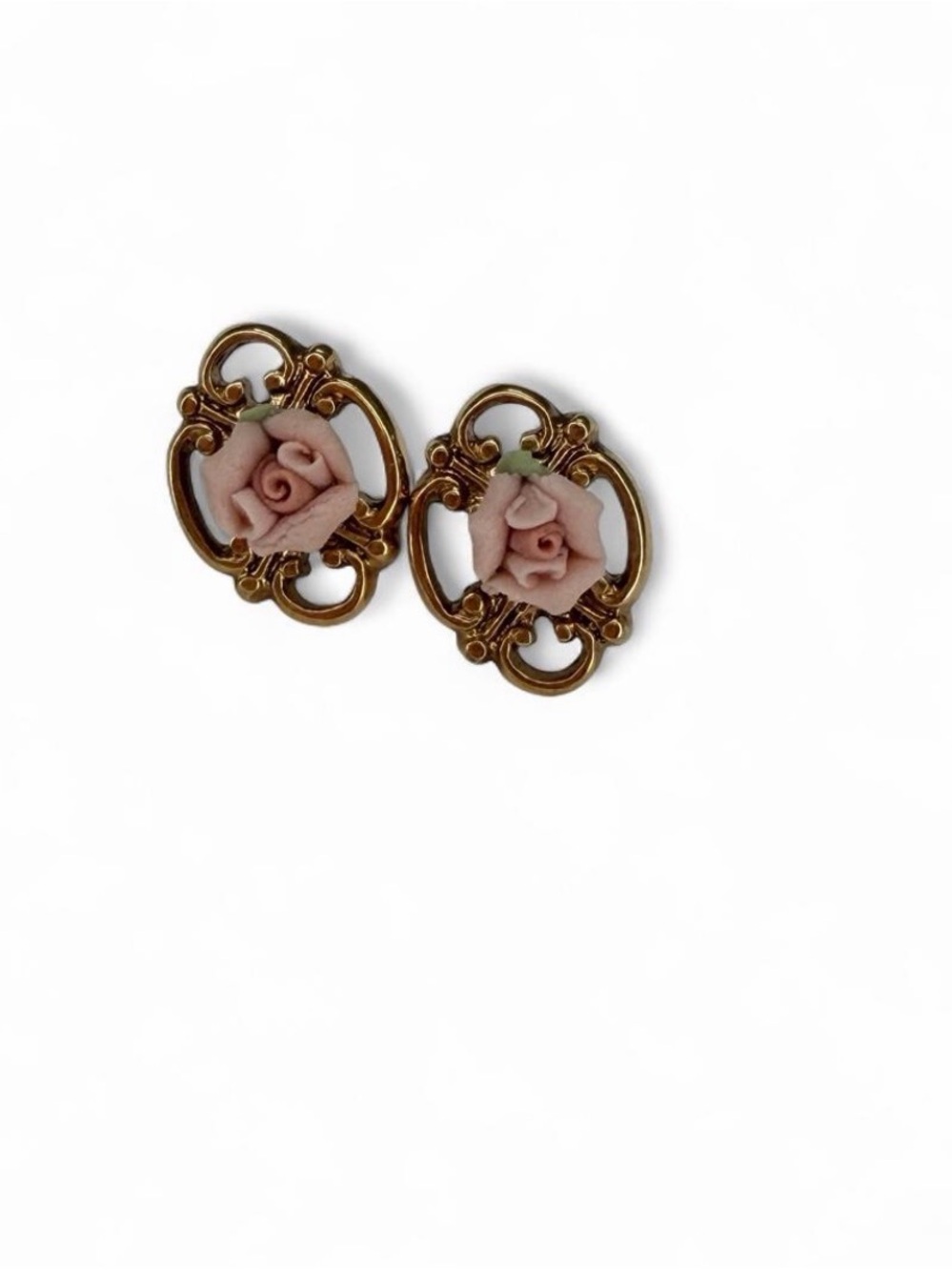 1928 Gold-Tone Filigree Earrings with Pink Porcelain Roses